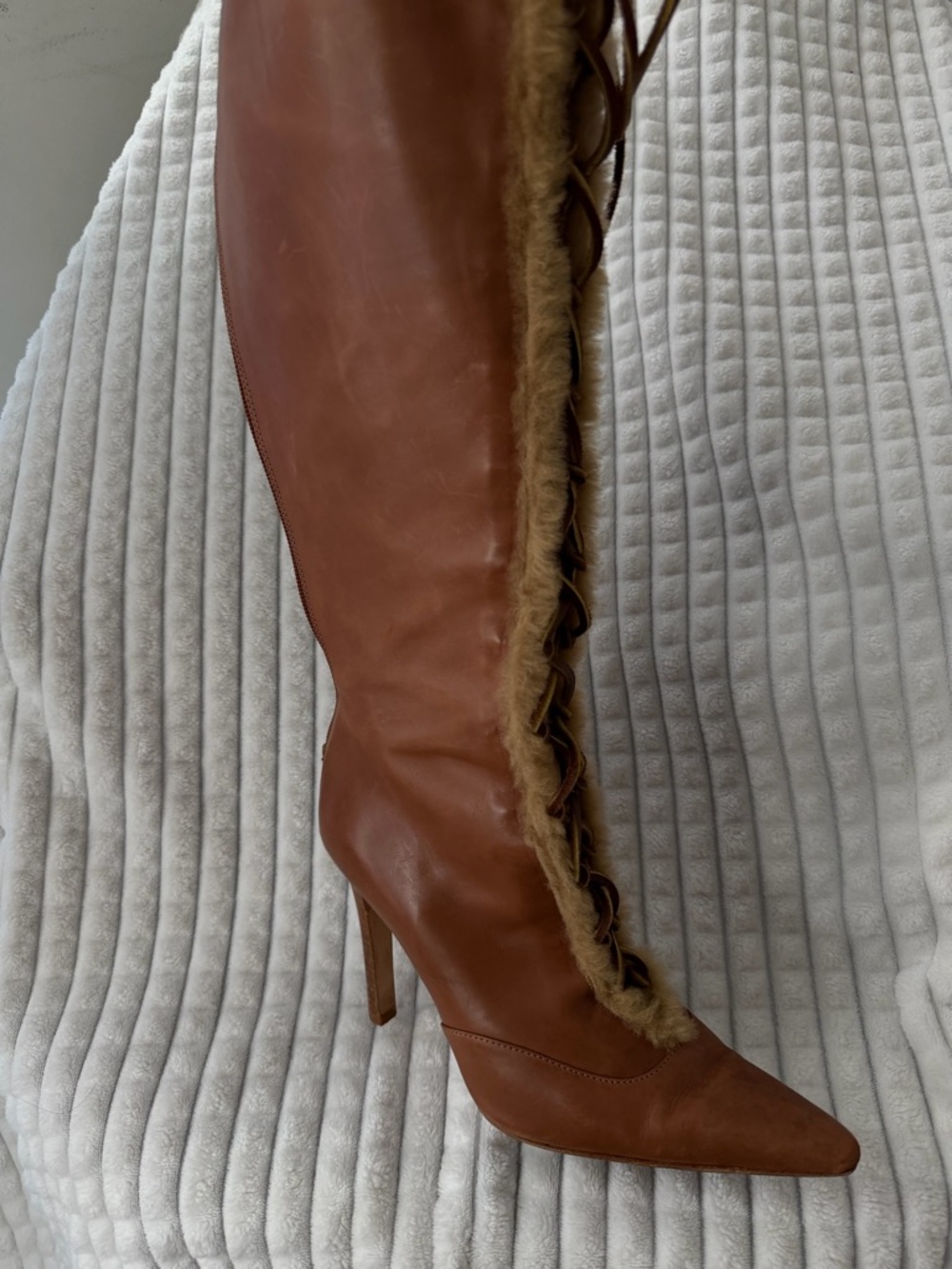Manolo Blahnik Chestnut Brown Leather Fur-Trim Knee Boot - Picture 3 of 3